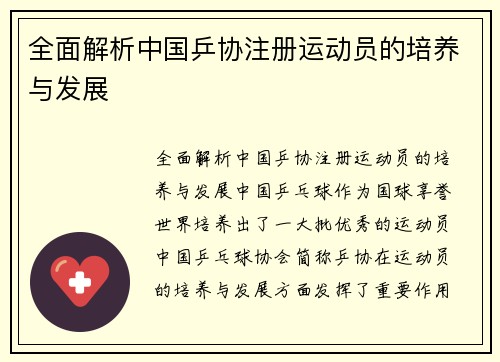 全面解析中国乒协注册运动员的培养与发展